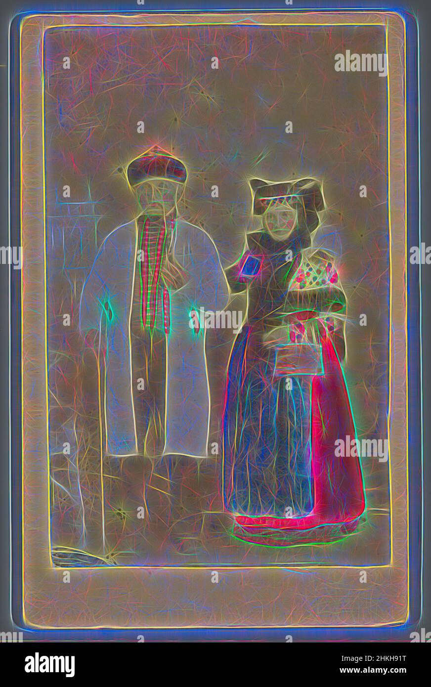 Inspired by Portrait of an unknown couple in Bückeburger costume, Bückeburger Bauern Ehepaar, Bückeburg, 1854 - 1885, paper, albumen print, height 105 mm × width 66 mm, Reimagined by Artotop. Classic art reinvented with a modern twist. Design of warm cheerful glowing of brightness and light ray radiance. Photography inspired by surrealism and futurism, embracing dynamic energy of modern technology, movement, speed and revolutionize culture Stock Photo