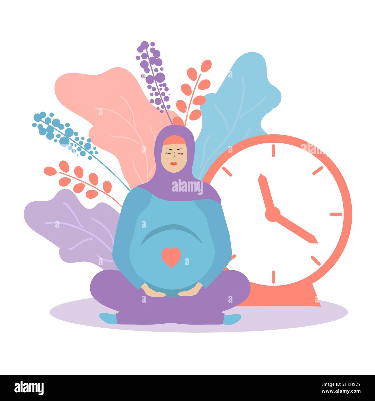 Cute pregnant woman in hijab and flowers with a clock. Muslim girl. Time of birth or waiting for the baby to arrive. Pregnancy and motherhood Stock Vector