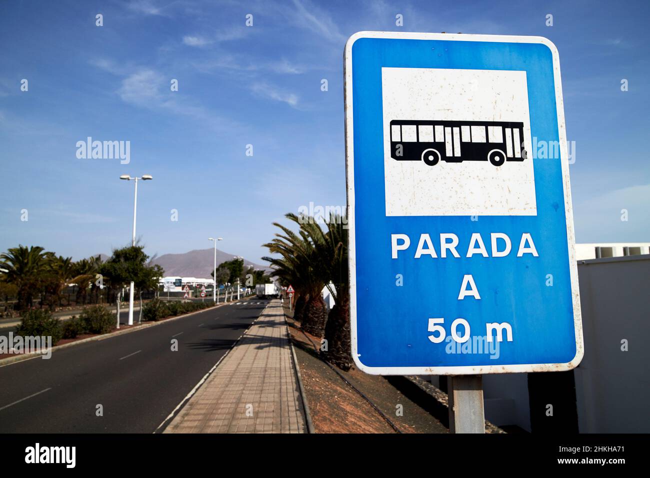 parada a 50m bus stop in 50m sign playa blanca Lanzarote Canary Islands Spain Stock Photo