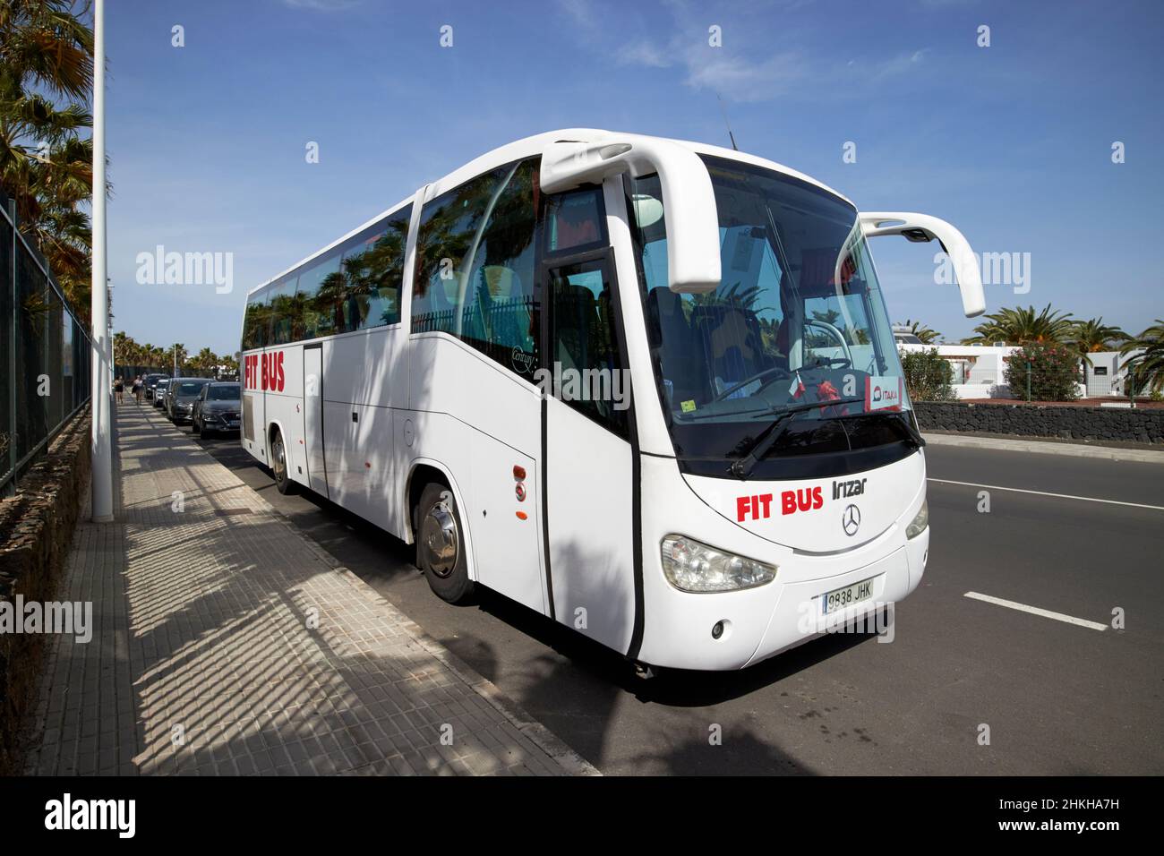 spanish made irizar mercedes tourist tour coach fit bus parked outside hotel playa blanca Lanzarote Canary Islands Spain Stock Photo