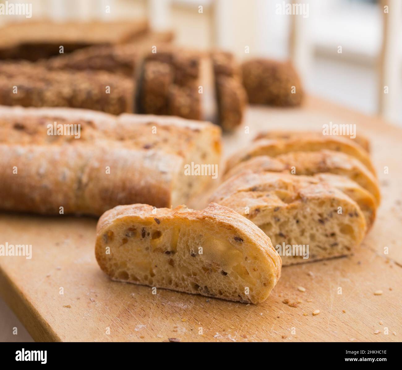 fresh loaf of bread on wooden board Stock Photo