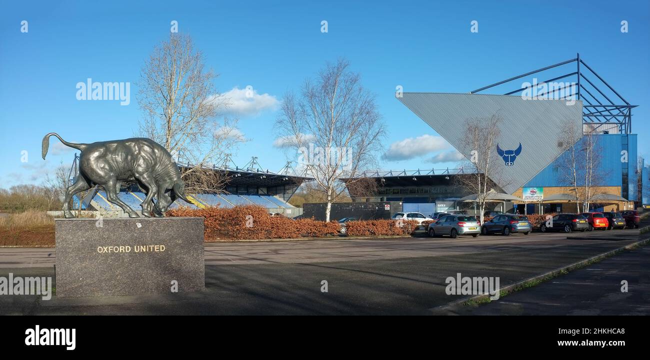 The Kassam Stadium, Oxford, home of Oxford United football team. The bronze ox sculpture (team mascot) to the left. Stock Photo