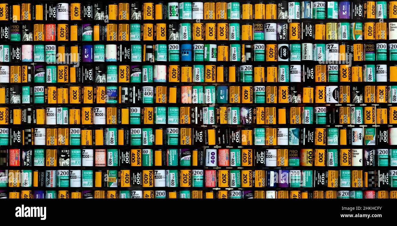 31 December 2021, Bangkok,Thailand. Old photo films box in old-fashion of photograph equipment in analog era before digital camera for pattern backgro Stock Photo