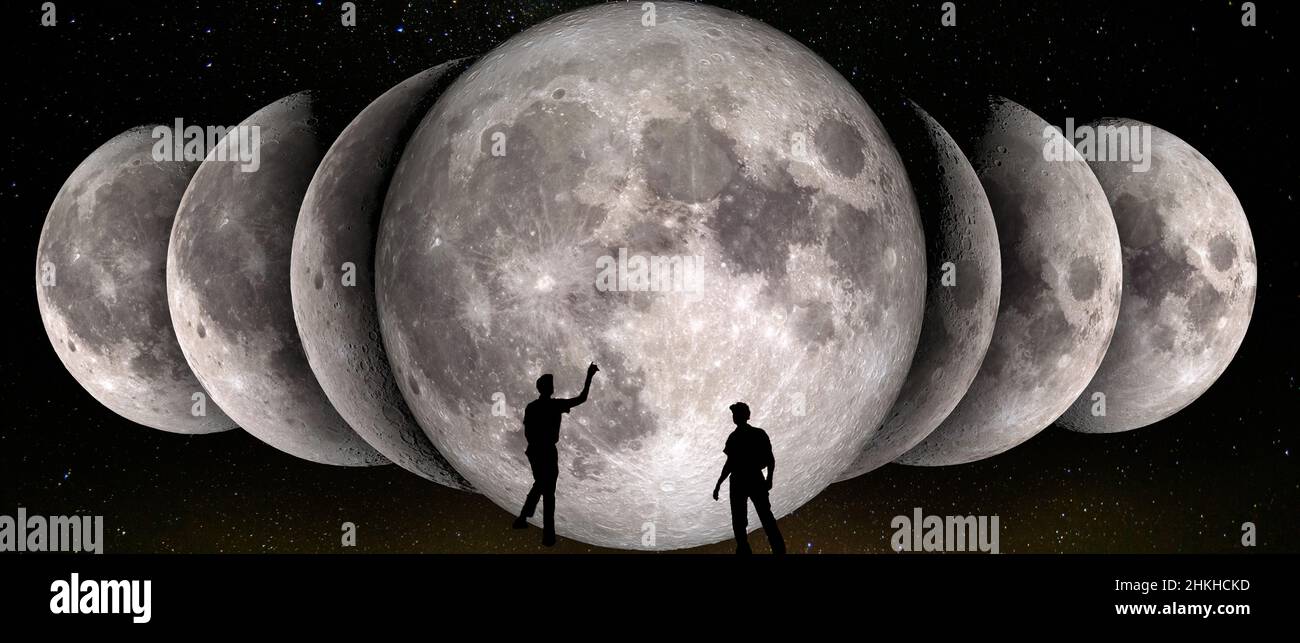 Phases of the Moon simultaneous in a row and two observers. Waxing