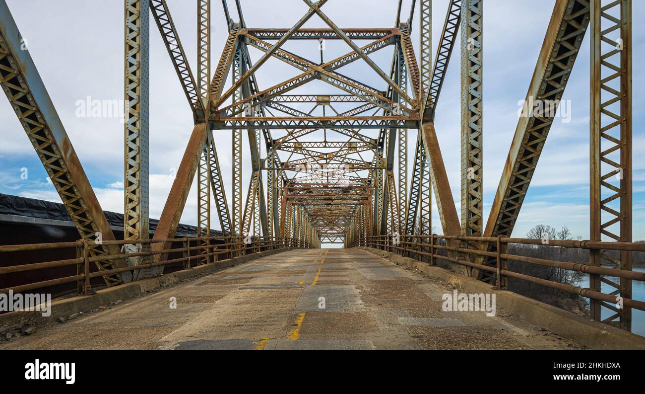 Newport Bridge, also known as The Blue Bridge, is a historic cantilevered Warren truss bridge spanning the White River in Newport, Arkansas. (USA) Stock Photo