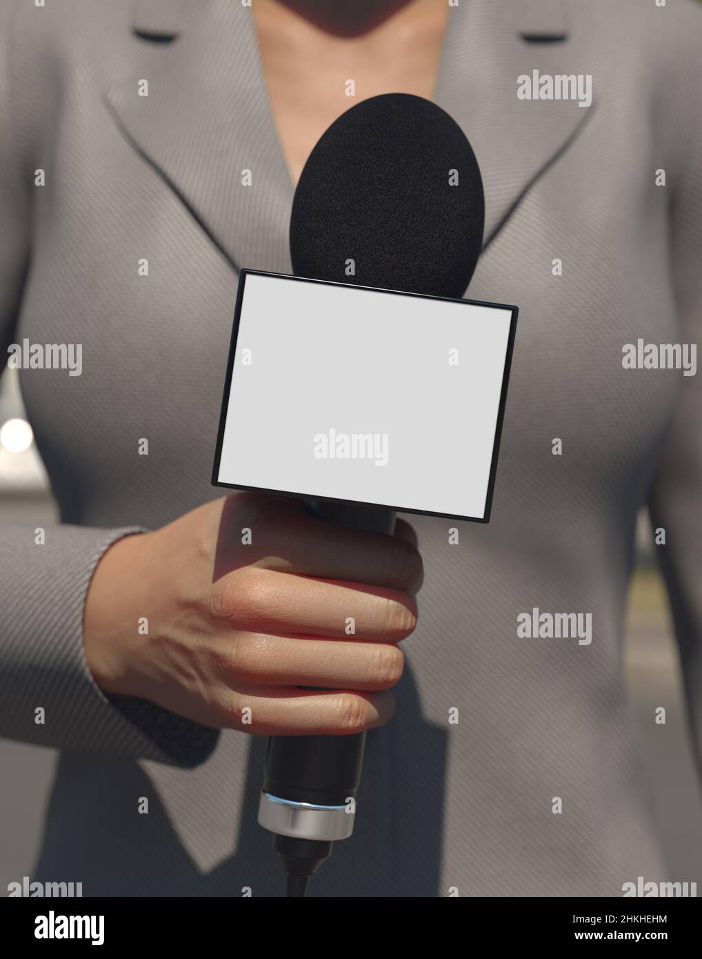 Female news reporter holding blank label microphone, 3D render Stock Photo