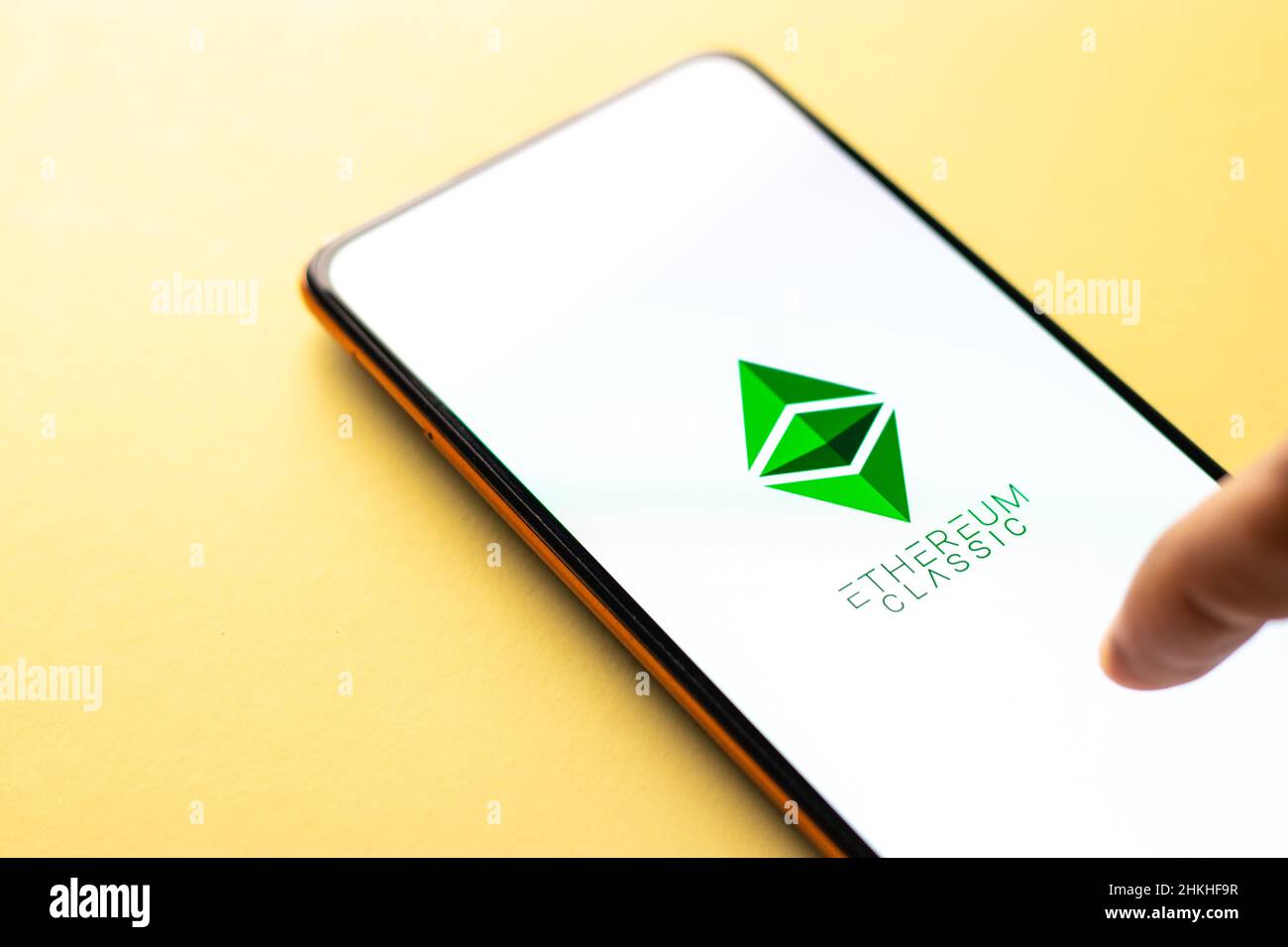 West Bangal, India - February 4, 2022 : Ethereum Classic logo on phone screen stock image. Stock Photo