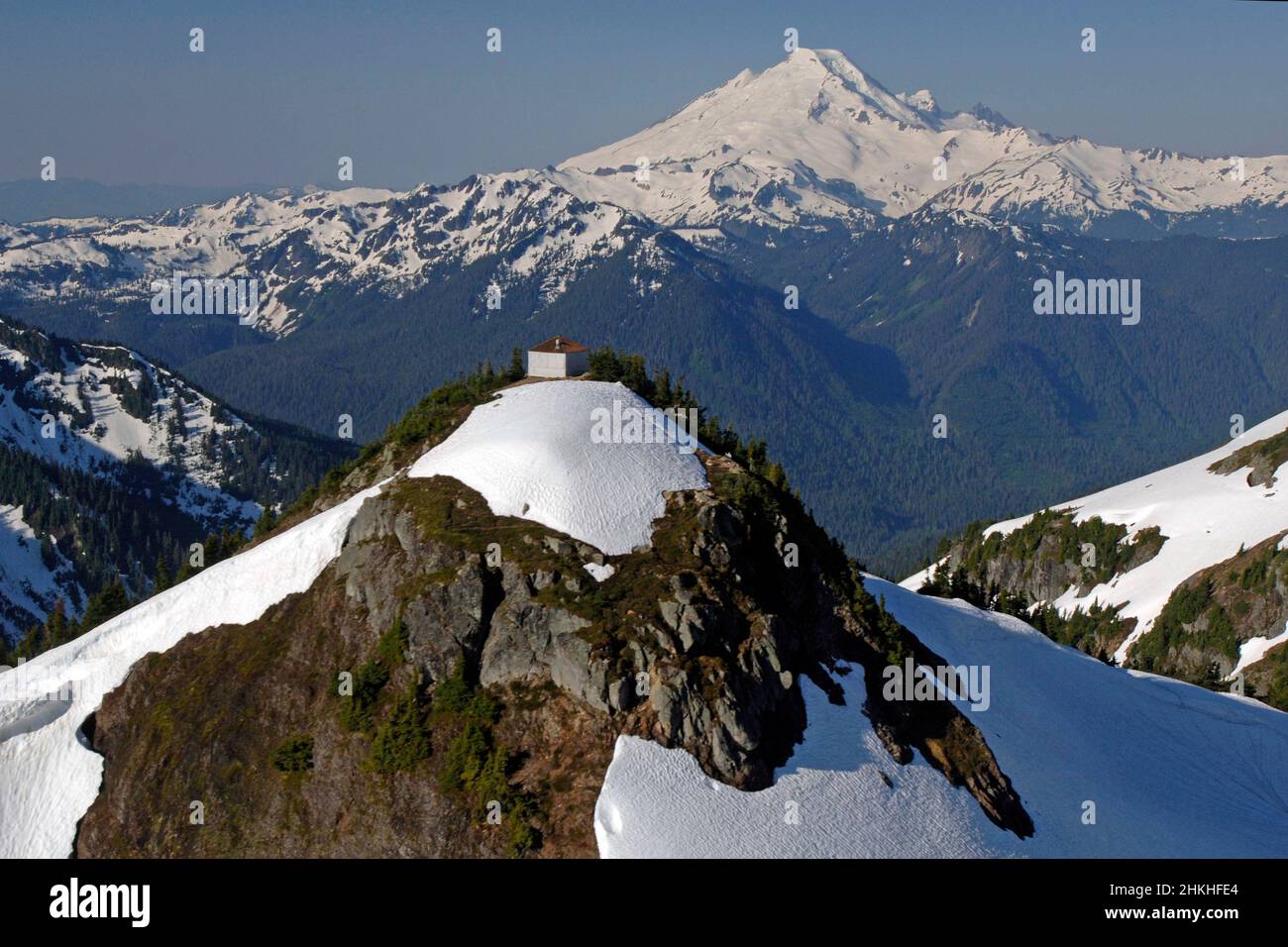 Winchester Mountain Fire Lookout and Mount Baker aerial Stock Photo