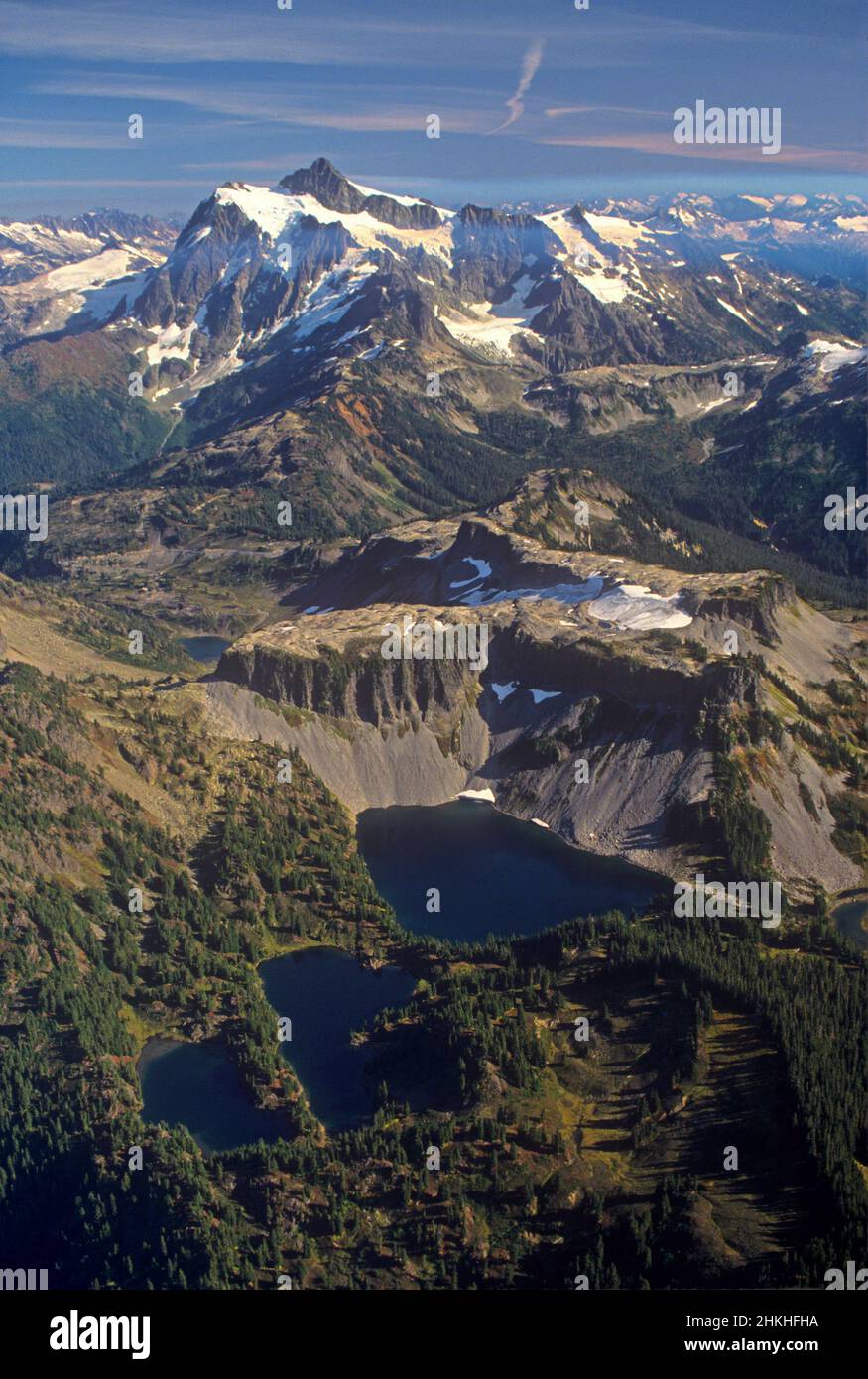 Chain Lakes,Table Mountain and Mount Shuksan in August aerial Stock Photo