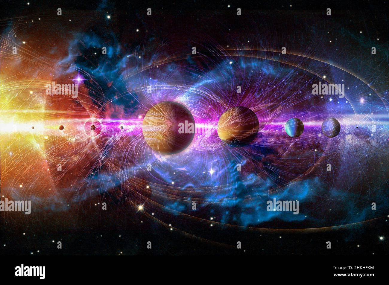 Solar system planets set. The Sun and planets in a row on universe stars and lines of gravity background. Elements of this image furnished by NASA. Stock Photo
