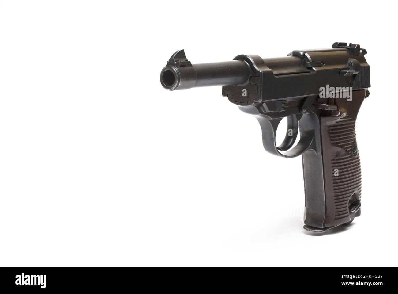 side view Close up of an older classic semiautomatic pistol with