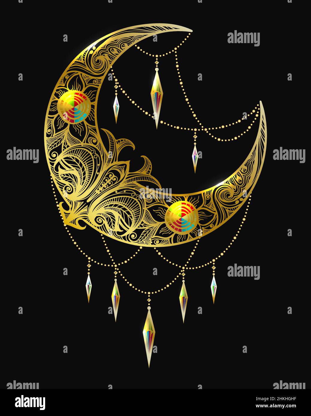 Golden Crescent Moon with Gemstones isolated on black. Vector Illustration Stock Vector