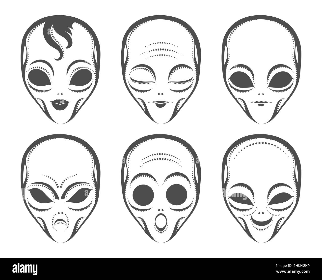 Set of Humanoid Alien Face Different Expression.  Alien anger smile serenity calm surprise emotion isolated on white. Vector illustration. Stock Vector