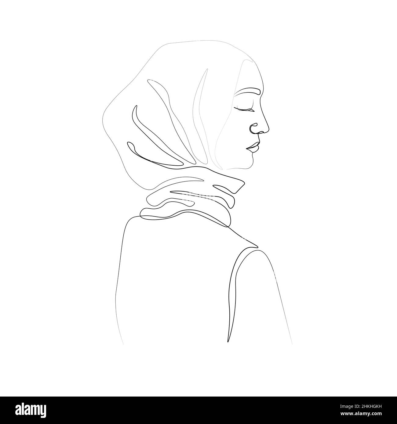 Continuous line driving of a Muslim woman's facial profile sen from the side. Vector illustration isolated on white background, line art. Stock Vector