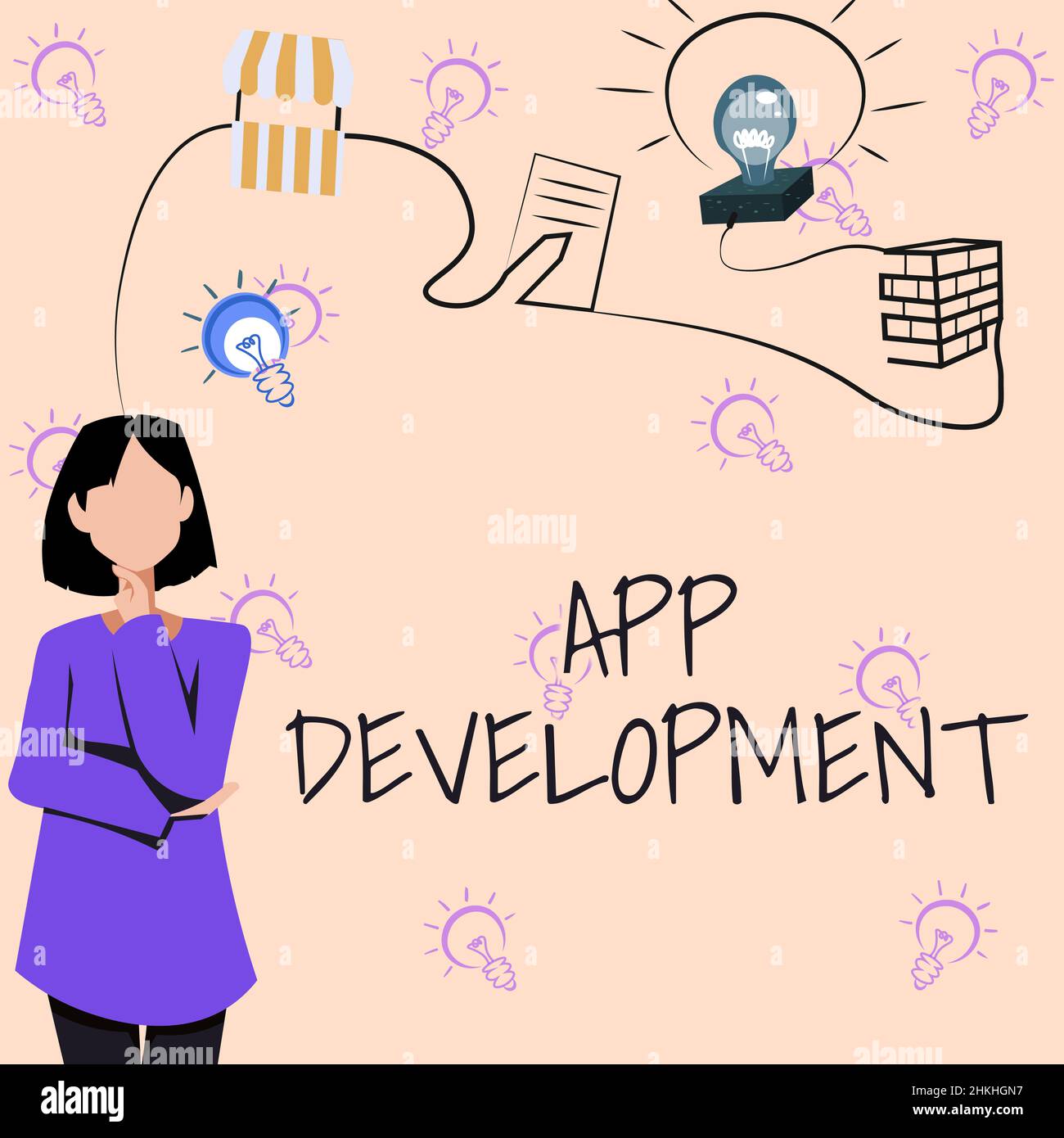 Writing displaying text App Development. Internet Concept Development services for awesome mobile and web experiences Woman Innovative Thinking Stock Photo