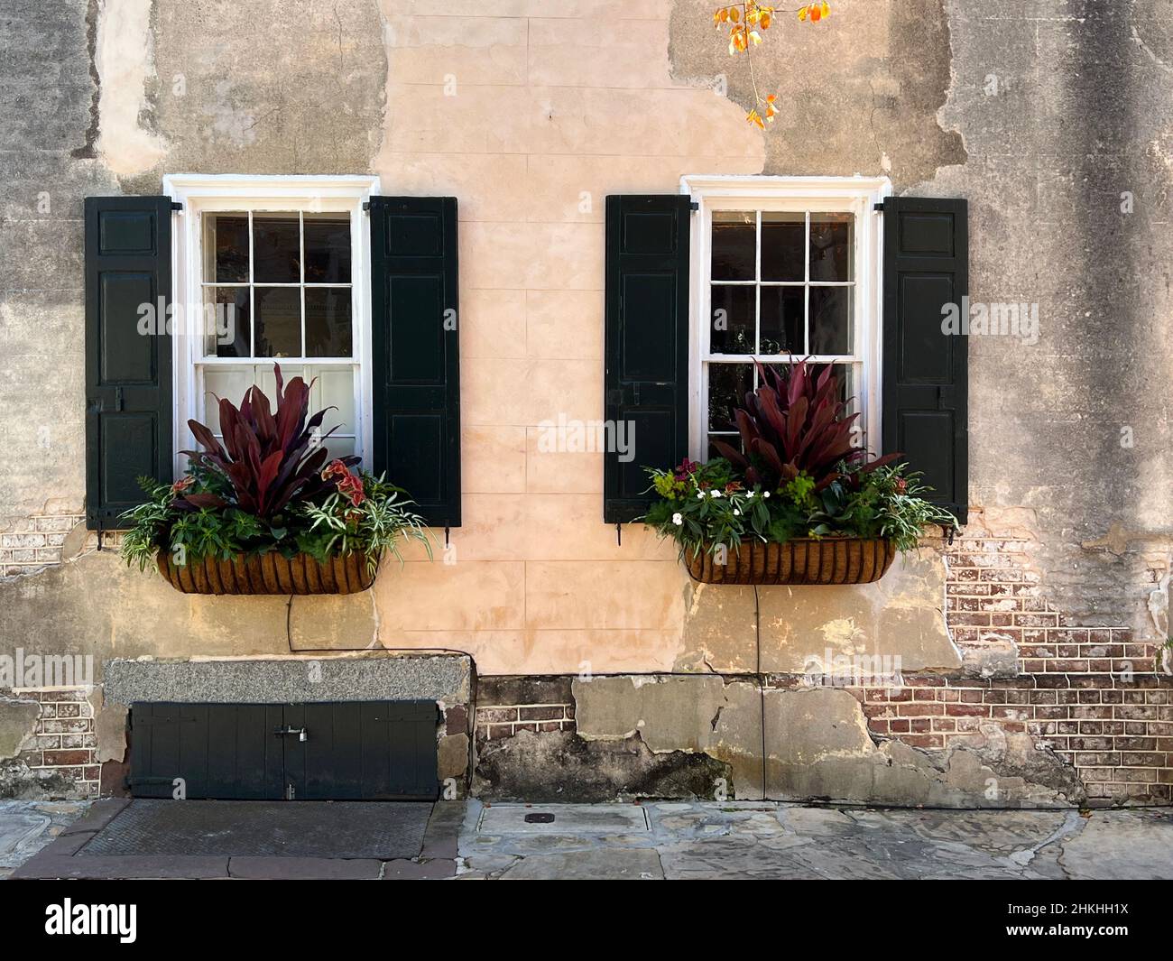 Architectural detail and window boxes seen in the historic district of