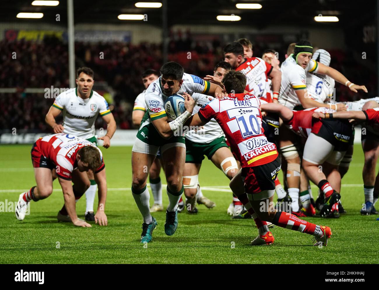 London Irish's Lucio Cinti tackled by Gloucester Rugby's Lloyd Evans during  the Gallagher Premiership match at the Kingsholm Stadium, Gloucester.  Picture date: Friday February 4, 2022 Stock Photo - Alamy