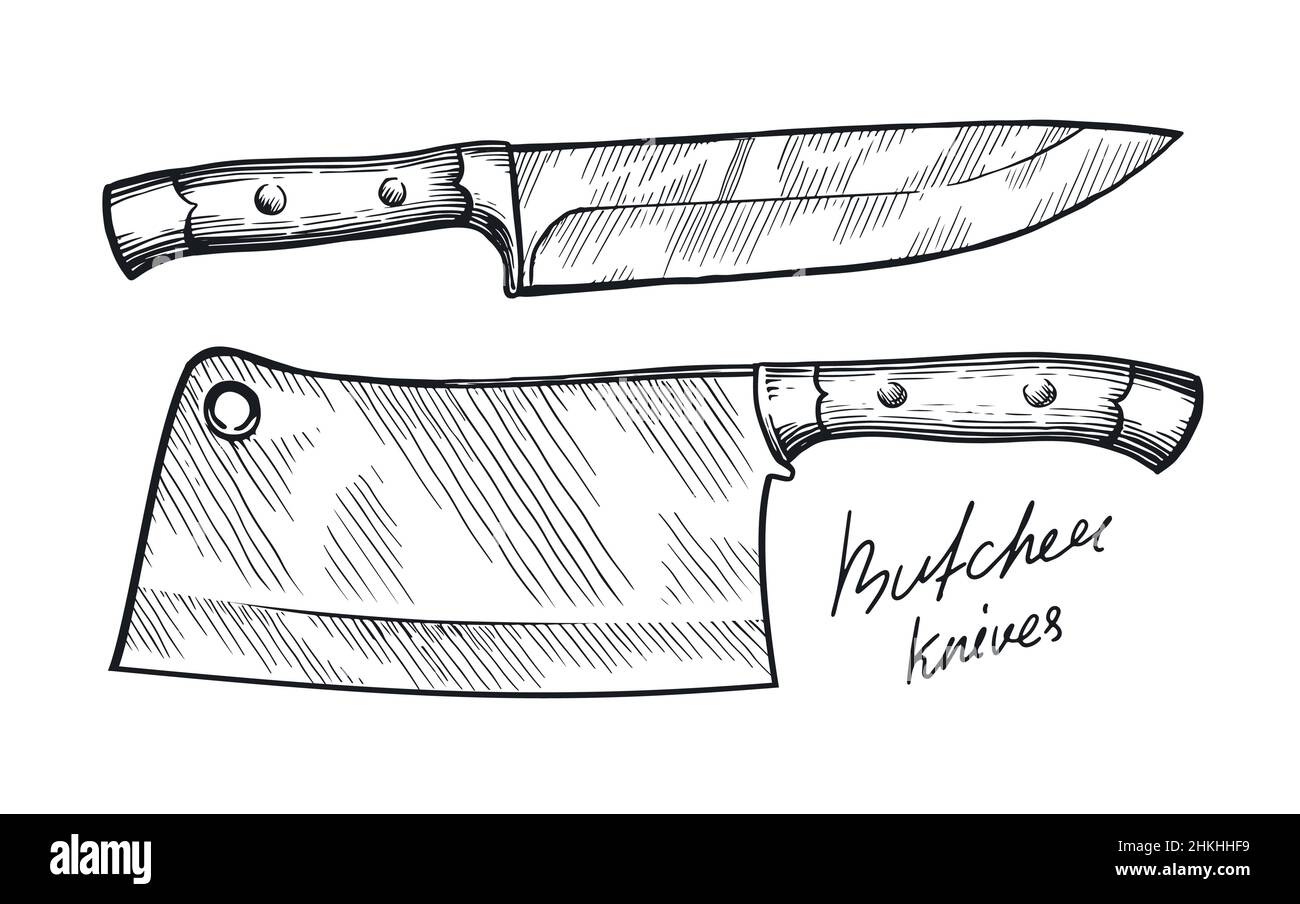 Kitchen and meat cutting knives set. Cleaver chef and butcher tools. Sketch vintage vector illustration Stock Vector