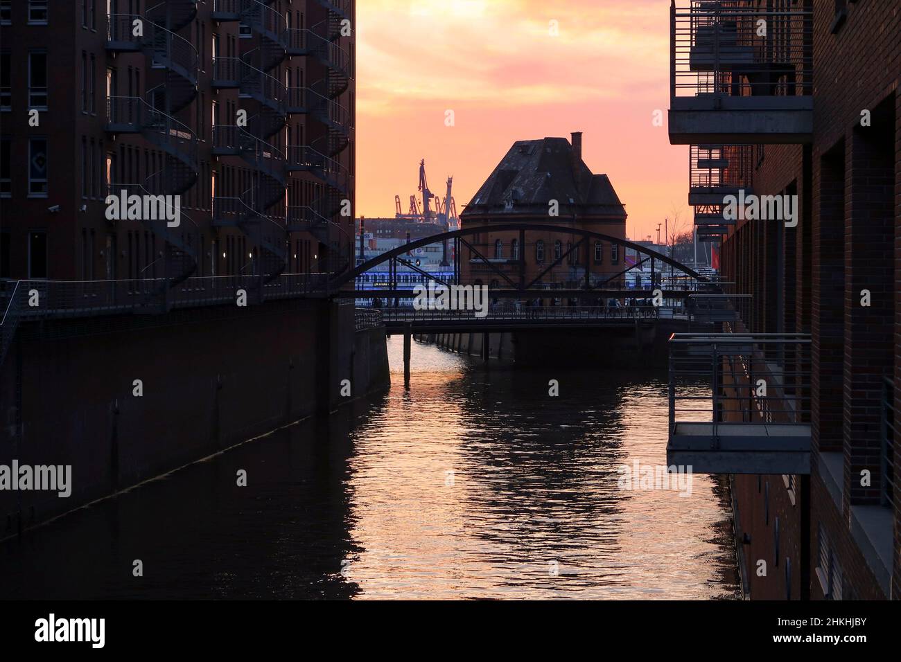 Historic police station in the in the Port of Hamburg (Speicherstadt) at sunset. Stock Photo