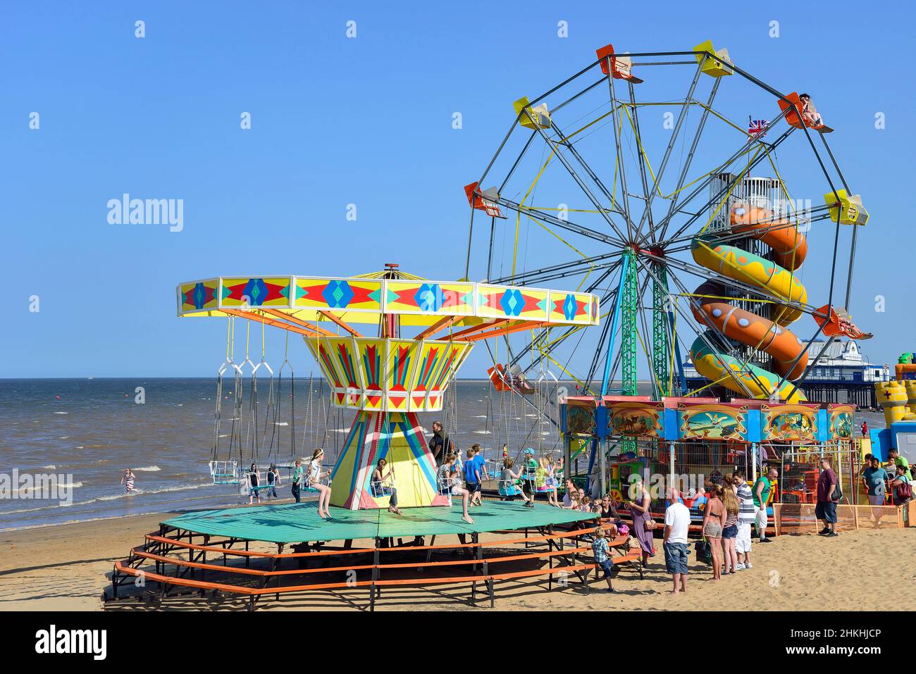 Funfair rides on Cleethorpes Beach, Cleethorpes, Lincolnshire, England, United Kingdom Stock Photo