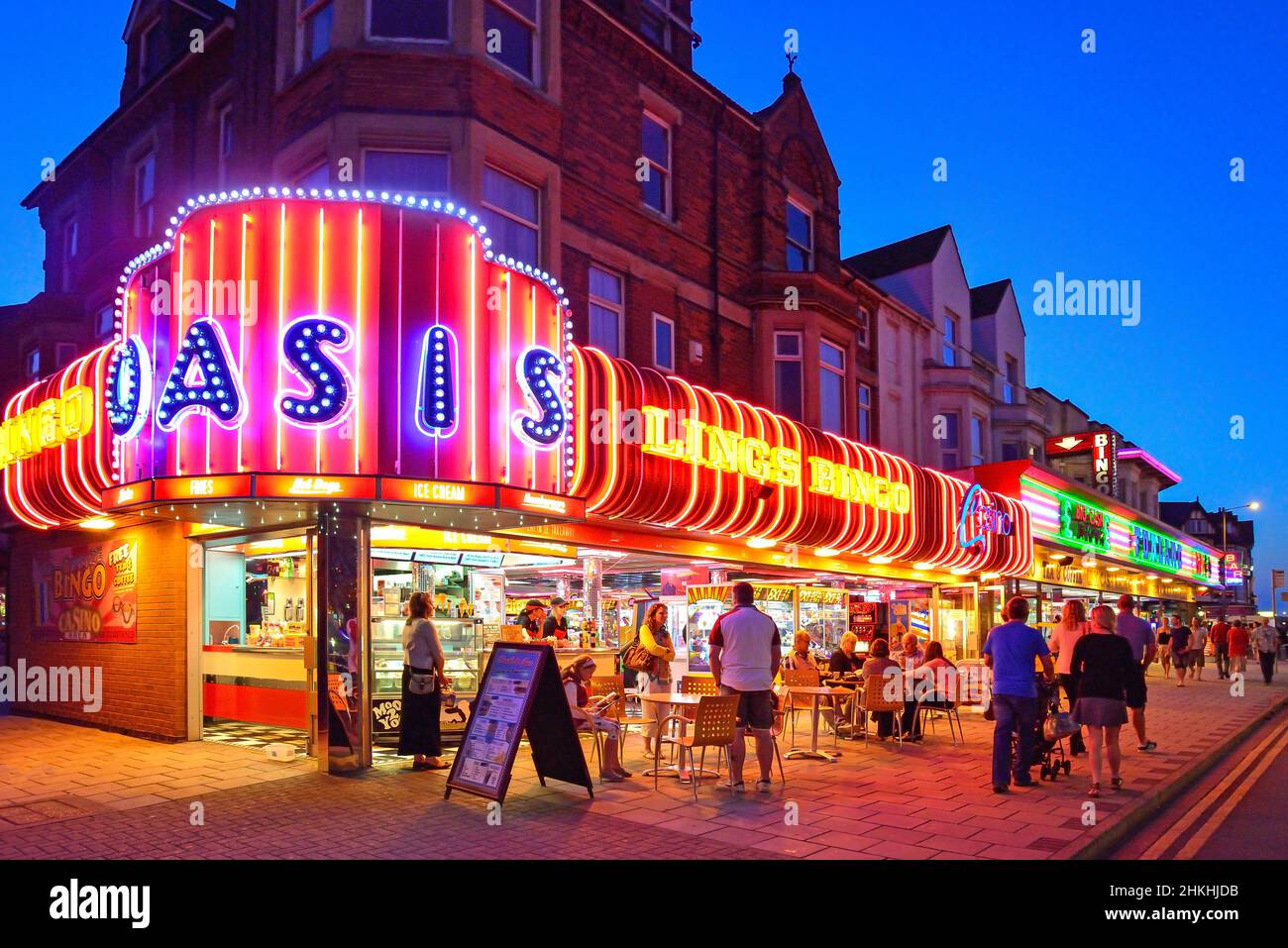 Oasis Bingo Hall at dusk, Grand Parade, Skegness, Lincolnshire, England, United Kingdom Stock Photo