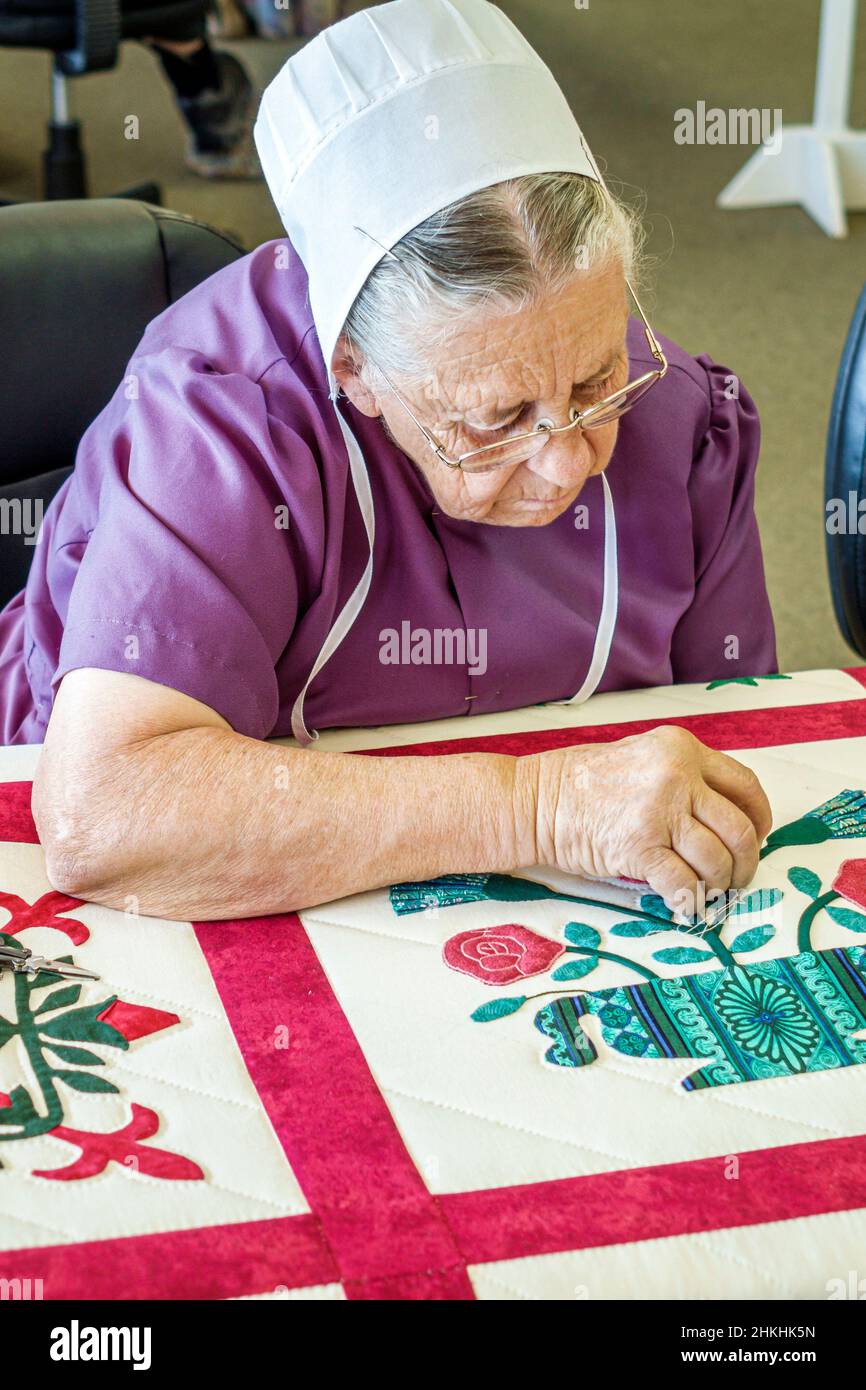 Sarasota Florida,Pinecraft Pine Craft,Alma Sue's Quilts,Amish Mennonite woman female quilting senior citizen concentrating wearing kapp Stock Photo