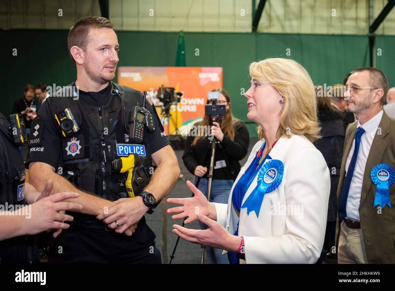 Anna Firth, Conservative MP, speaking to security police at the ...