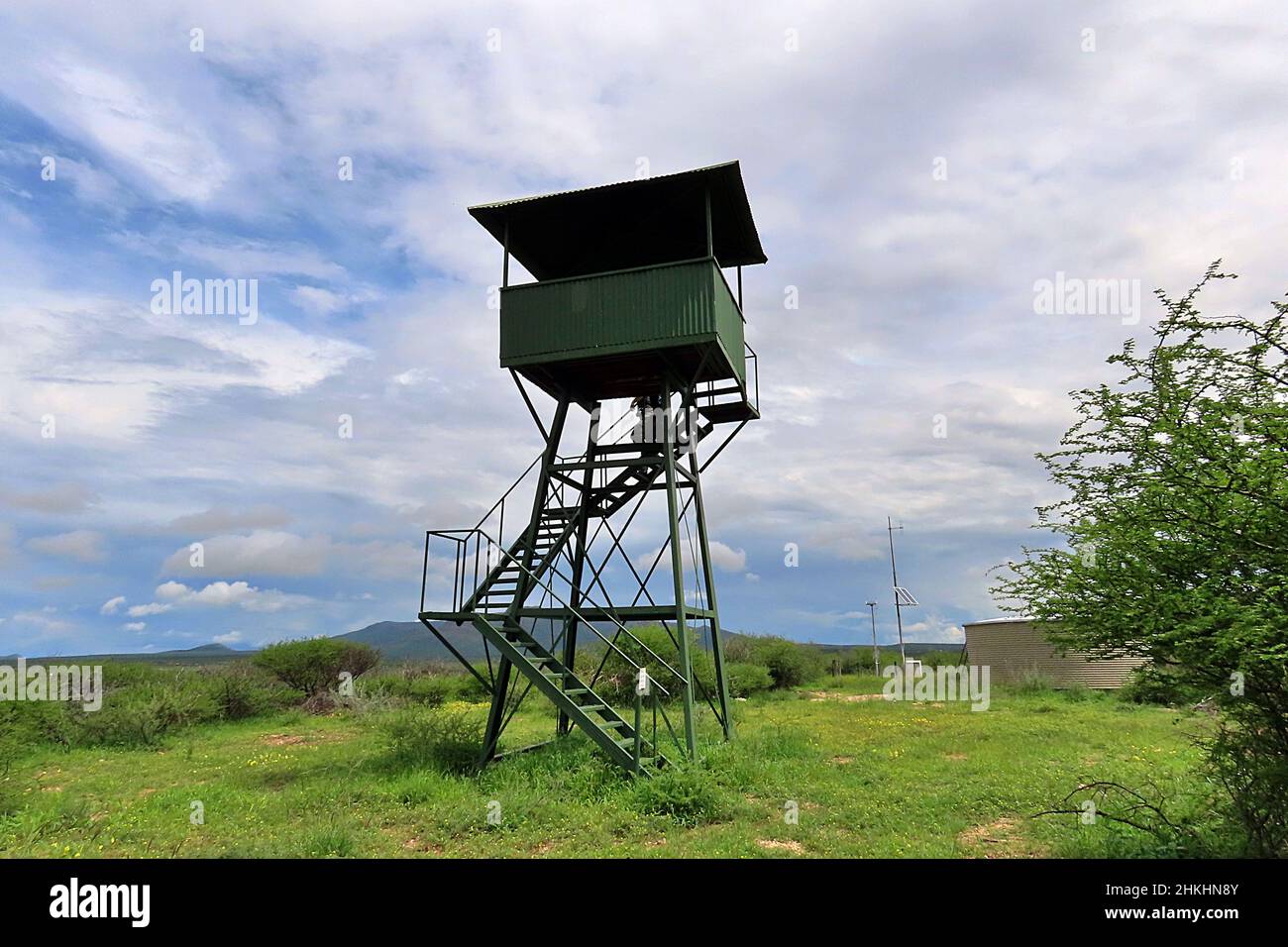A fire watchtower at the Ondekaremba Game Reserve, Namibia during the wet season Stock Photo