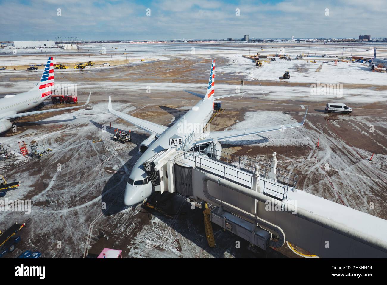 ice and snow melts at Dallas Fort Worth International Airport on 4th February, 2022 after Storm Landon delivered a winter blast to the city Stock Photo