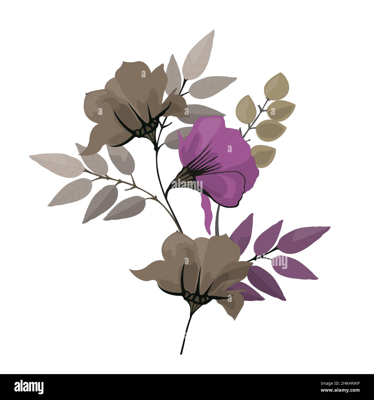 Vector floral illustration. Bouquet of purple and coffee-colored flowers and leaves. Stock Vector