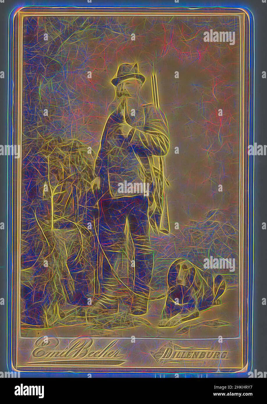 Inspired by Portrait of an unknown man in a hunter's costume with a dog, Emil Becher, Dillenburg, c. 1870 - c. 1900, albumen print, height 148 mm × width 100 mm, Reimagined by Artotop. Classic art reinvented with a modern twist. Design of warm cheerful glowing of brightness and light ray radiance. Photography inspired by surrealism and futurism, embracing dynamic energy of modern technology, movement, speed and revolutionize culture Stock Photo
