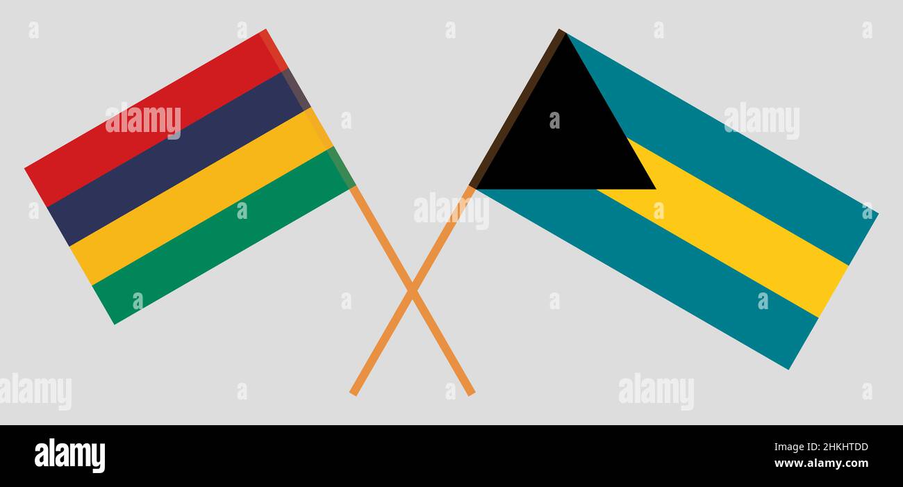 Crossed flags of Mauritius and Bahamas. Official colors. Correct proportion. Vector illustration Stock Vector