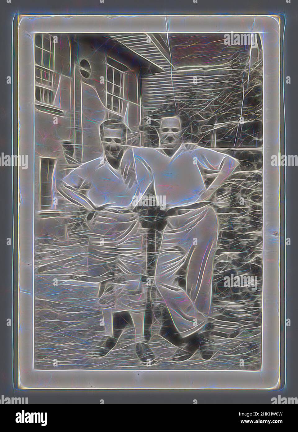 Inspired by Portrait of two unknown men in a garden, c. 1920 - c. 1930, gelatin silver print, height 88 mm × width 62 mm, Reimagined by Artotop. Classic art reinvented with a modern twist. Design of warm cheerful glowing of brightness and light ray radiance. Photography inspired by surrealism and futurism, embracing dynamic energy of modern technology, movement, speed and revolutionize culture Stock Photo