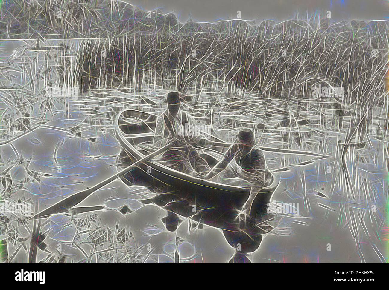 Inspired by Water-lily pickers in a rowboat on the Norfolk Broads, Gathering Water-Lilies, Peter Henry Emerson, publisher: Marston, Searle, & Rivington Sampson Low, Norfolk, publisher: Great Britain, 1885 - 1886, height 198 mm × width 290 mmheight 289 mm × width 413 mm, Reimagined by Artotop. Classic art reinvented with a modern twist. Design of warm cheerful glowing of brightness and light ray radiance. Photography inspired by surrealism and futurism, embracing dynamic energy of modern technology, movement, speed and revolutionize culture Stock Photo