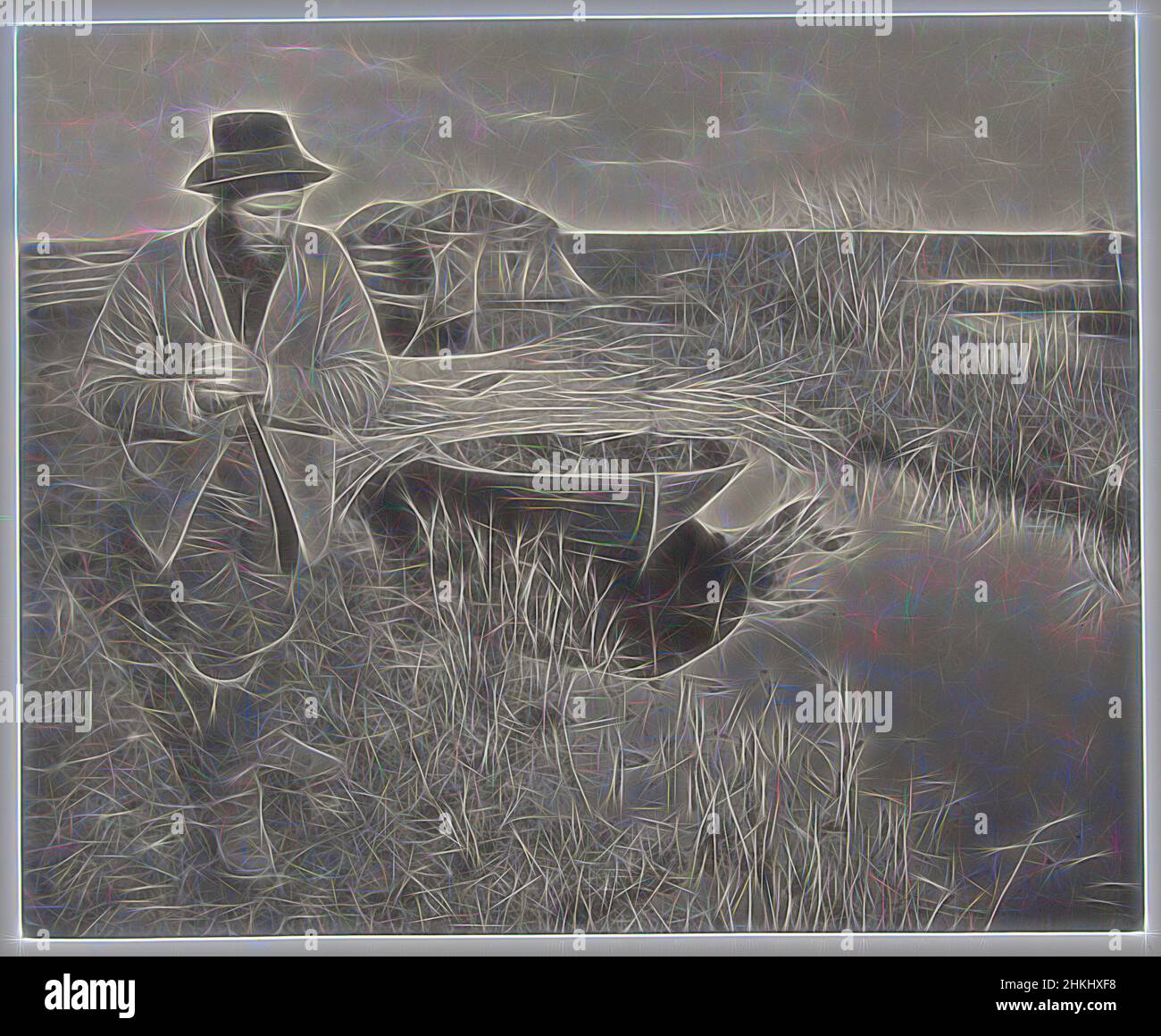 Inspired by Towing the Reed by Boat, Boat with reeds, pulled by an unknown man, Towing the Reed, Peter Henry Emerson, publisher: Marston, Searle, & Rivington Sampson Low, Norfolk, publisher: Great Britain, 1885 - 1886, paper, height 220 mm × width 272 mmheight 288 mm × width 413 mm, Reimagined by Artotop. Classic art reinvented with a modern twist. Design of warm cheerful glowing of brightness and light ray radiance. Photography inspired by surrealism and futurism, embracing dynamic energy of modern technology, movement, speed and revolutionize culture Stock Photo