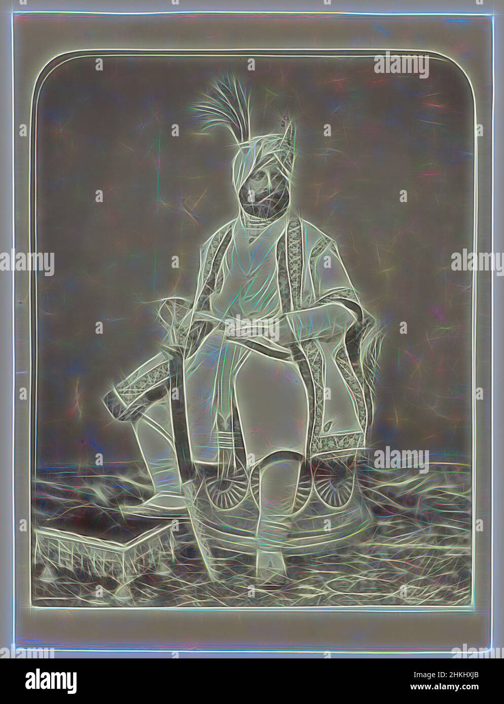 Inspired by Portrait of Ranbir Singh, Maharajah of Jammu and Kashmir, John Burke, India, 1880 - 1890, paper, albumen print, height 288 mm × width 217 mm, Reimagined by Artotop. Classic art reinvented with a modern twist. Design of warm cheerful glowing of brightness and light ray radiance. Photography inspired by surrealism and futurism, embracing dynamic energy of modern technology, movement, speed and revolutionize culture Stock Photo