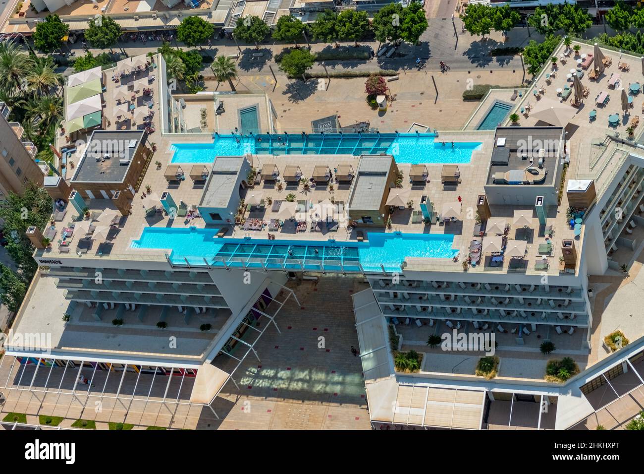 Aerial view, swimming pool on the roof Hotel INNSIDE by Meliá Calviá Beach The Plaza, Momentum Plaza, Magaluf, Calvià, Mallorca, Balearic Islands, Spa Stock Photo