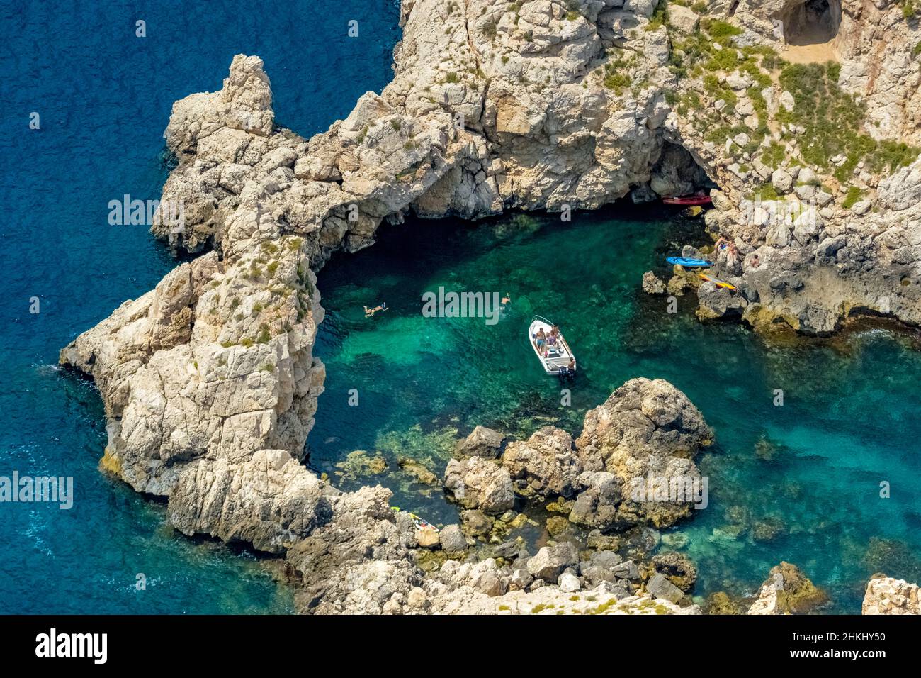 Aerial view, Illes Malgrats island, bay with motorboat, Santa Ponça, Calvià, Mallorca, Balearic Islands, Spain, bathers, ES, Europe, rocky coast, aeri Stock Photo