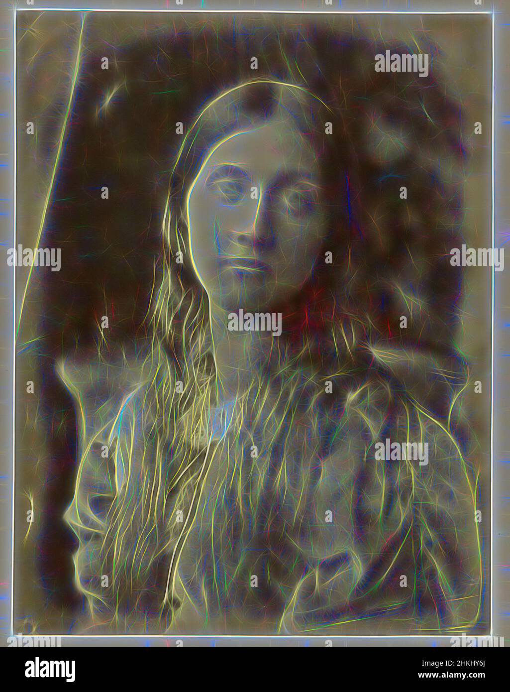 Inspired by Portrait of Julia Jackson, Julia Margaret Cameron, Great Britain, 1864 - 1865, paper, albumen print, height 236 mm × width 181 mmheight 352 mm × width 244 mm, Reimagined by Artotop. Classic art reinvented with a modern twist. Design of warm cheerful glowing of brightness and light ray radiance. Photography inspired by surrealism and futurism, embracing dynamic energy of modern technology, movement, speed and revolutionize culture Stock Photo