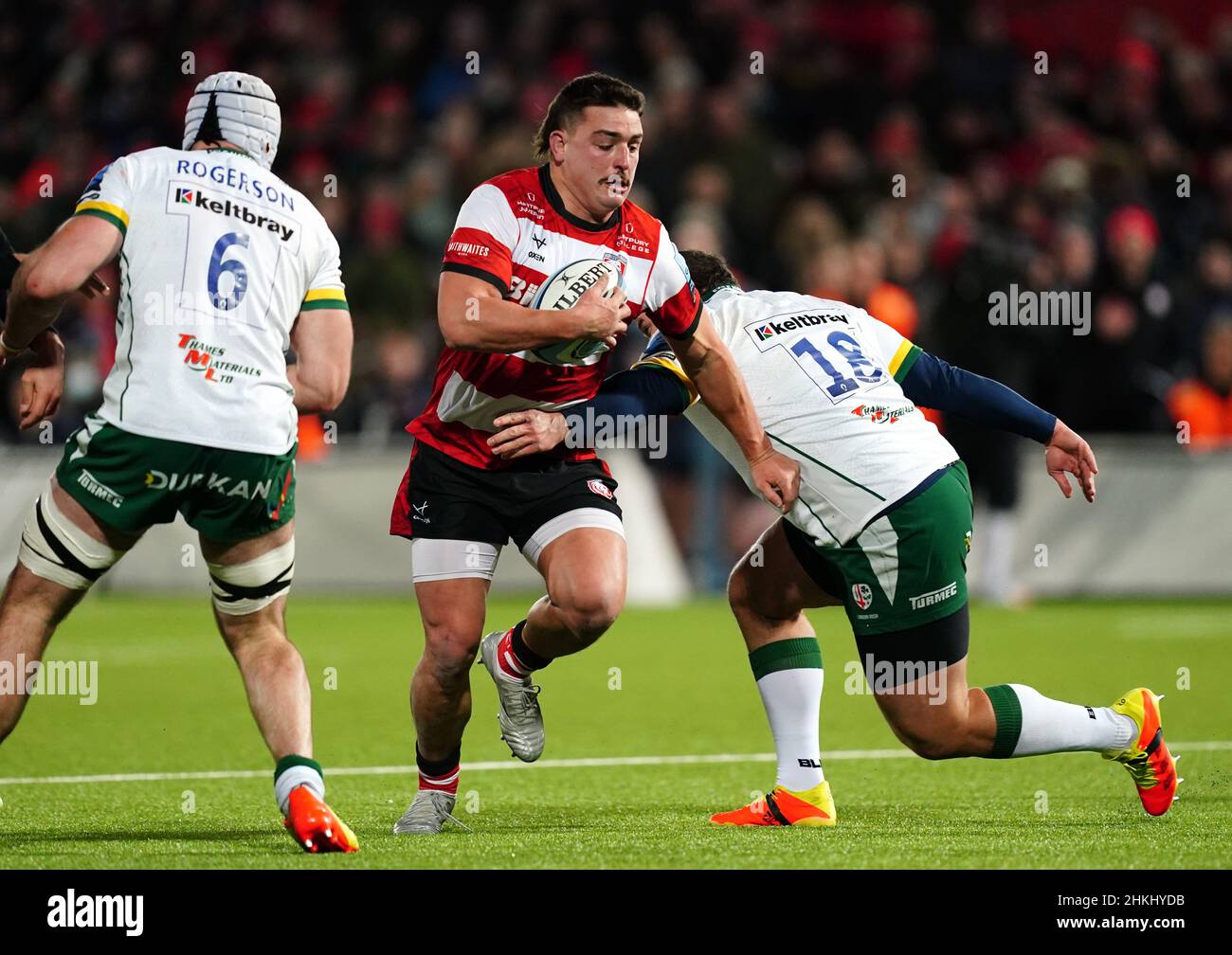Gloucester Rugby's Harry Elrington tackled by London Irish's Marcel van der Merwe during the Gallagher Premiership match at the Kingsholm Stadium, Gloucester. Picture date: Friday February 4, 2022. Stock Photo