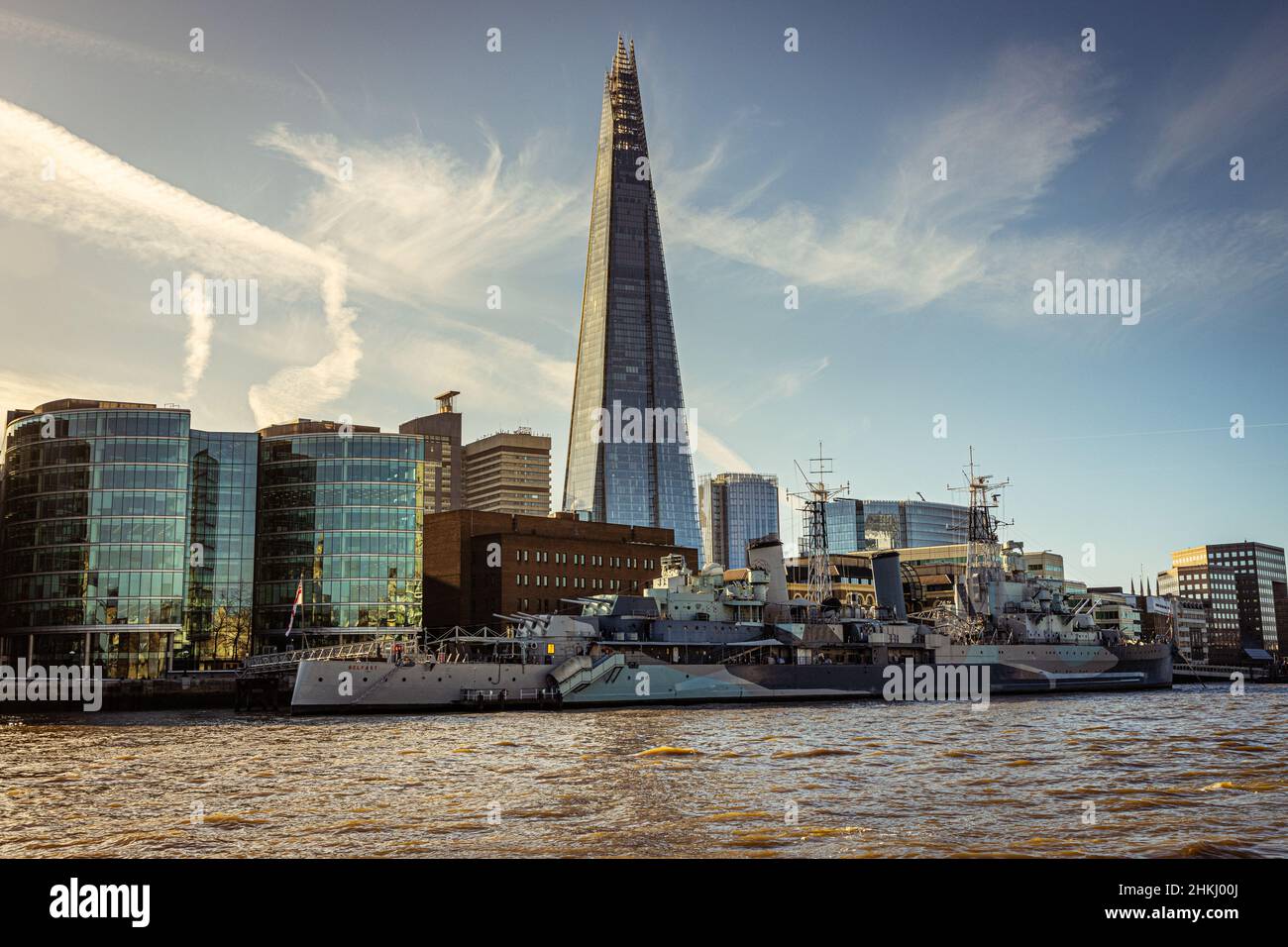 The Shard and HMS Belfast from the Thames Stock Photo
