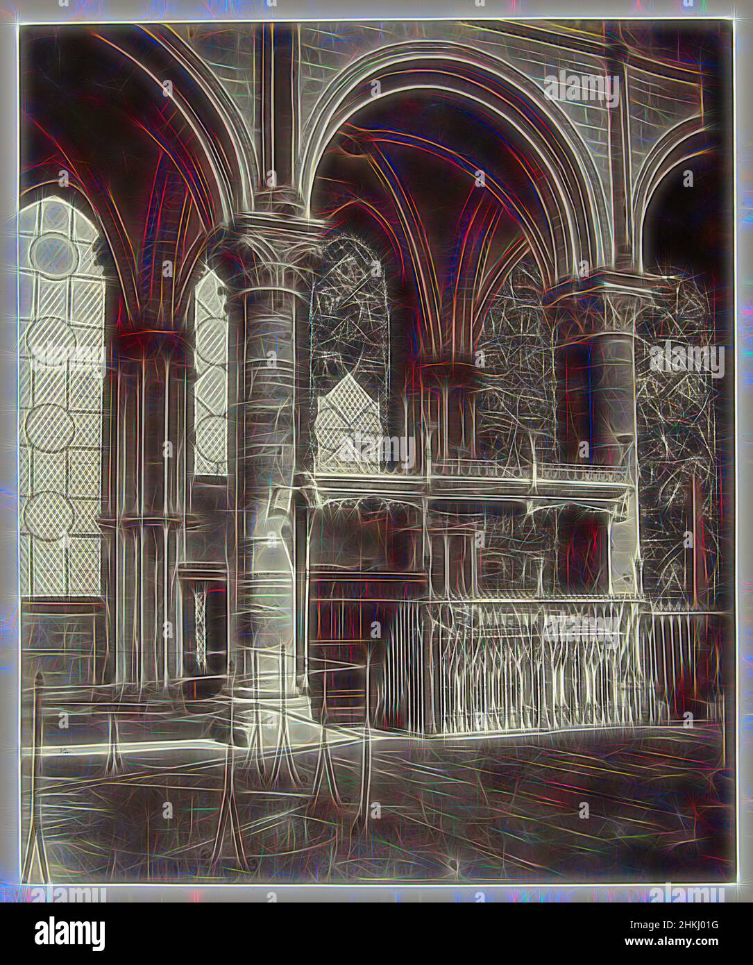 Inspired by Interior of Canterbury Cathedral, Henry George Austin, Canterbury, 1861, paper, albumen print, height 286 mm × width 239 mmheight 396 mm × width 333 mm, Reimagined by Artotop. Classic art reinvented with a modern twist. Design of warm cheerful glowing of brightness and light ray radiance. Photography inspired by surrealism and futurism, embracing dynamic energy of modern technology, movement, speed and revolutionize culture Stock Photo