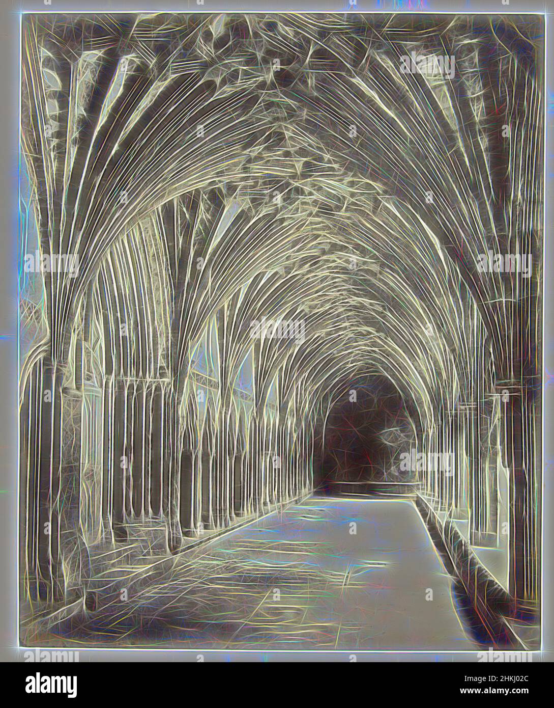 Inspired by View into the cloister of Canterbury Cathedral, Henry George Austin, Canterbury, 1861, paper, albumen print, height 294 mm × width 242 mmheight 394 mm × width 332 mm, Reimagined by Artotop. Classic art reinvented with a modern twist. Design of warm cheerful glowing of brightness and light ray radiance. Photography inspired by surrealism and futurism, embracing dynamic energy of modern technology, movement, speed and revolutionize culture Stock Photo