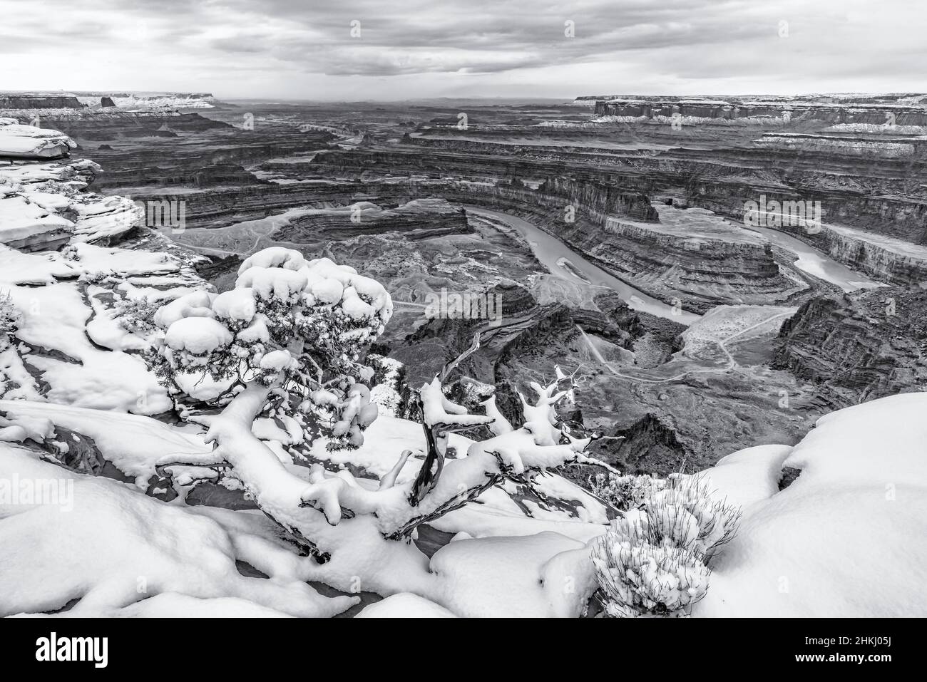 A snowy morning on the rim of Dead Horse Point State Park near Moab, Utah.  (black & white) Stock Photo