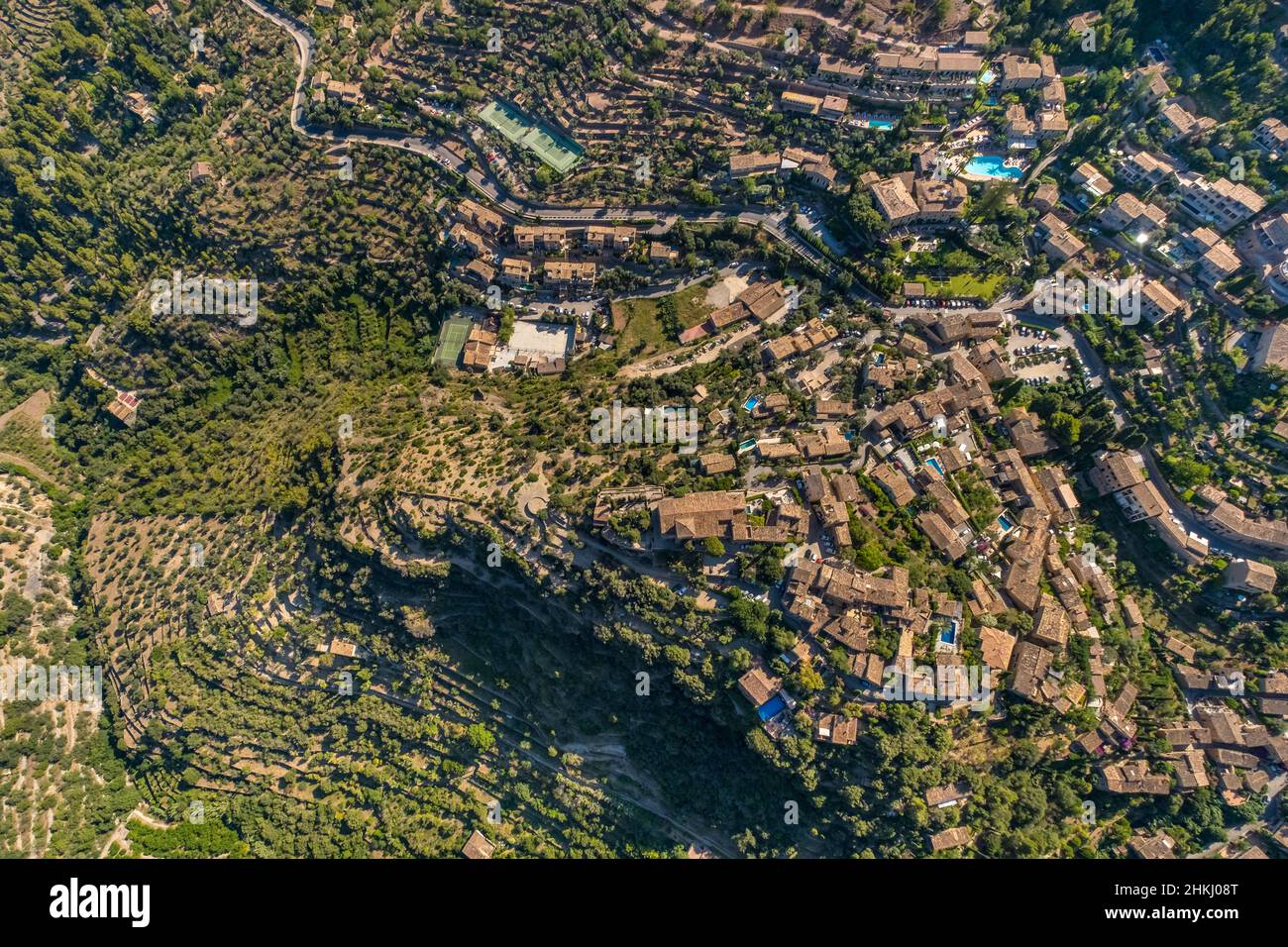 Aerial view, Escola Robert Graves, hillside village with tennis courts, Deià, Majorca, Balearic Islands, Spain, Autopista Ma-10, ES, Europe, property Stock Photo