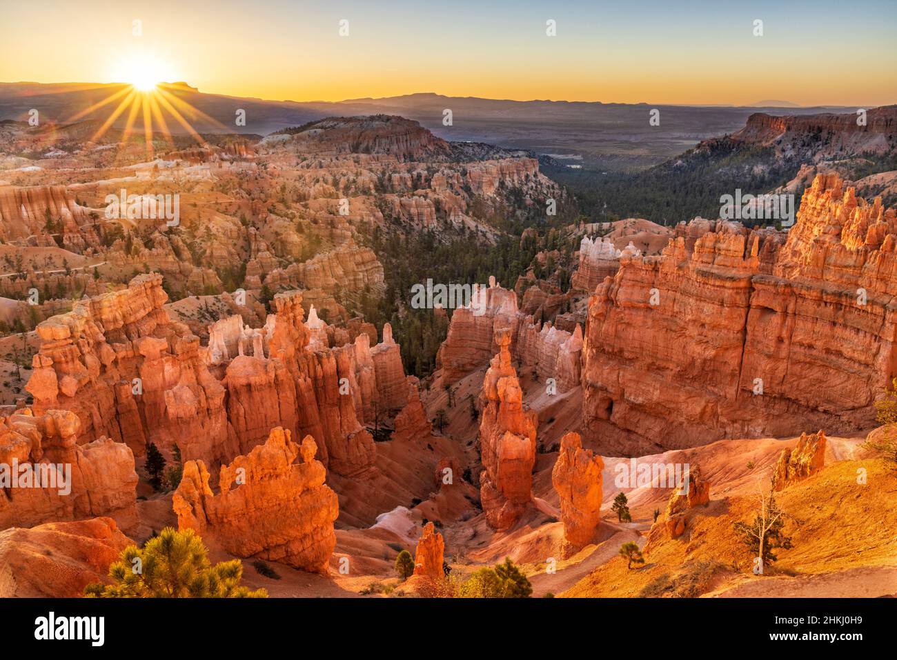 Magical bounce light makes the hoodoos below Sunset point, including Thor's Hammer, seem almost translucent, in Bryce Canyon National Park, Utah. Stock Photo
