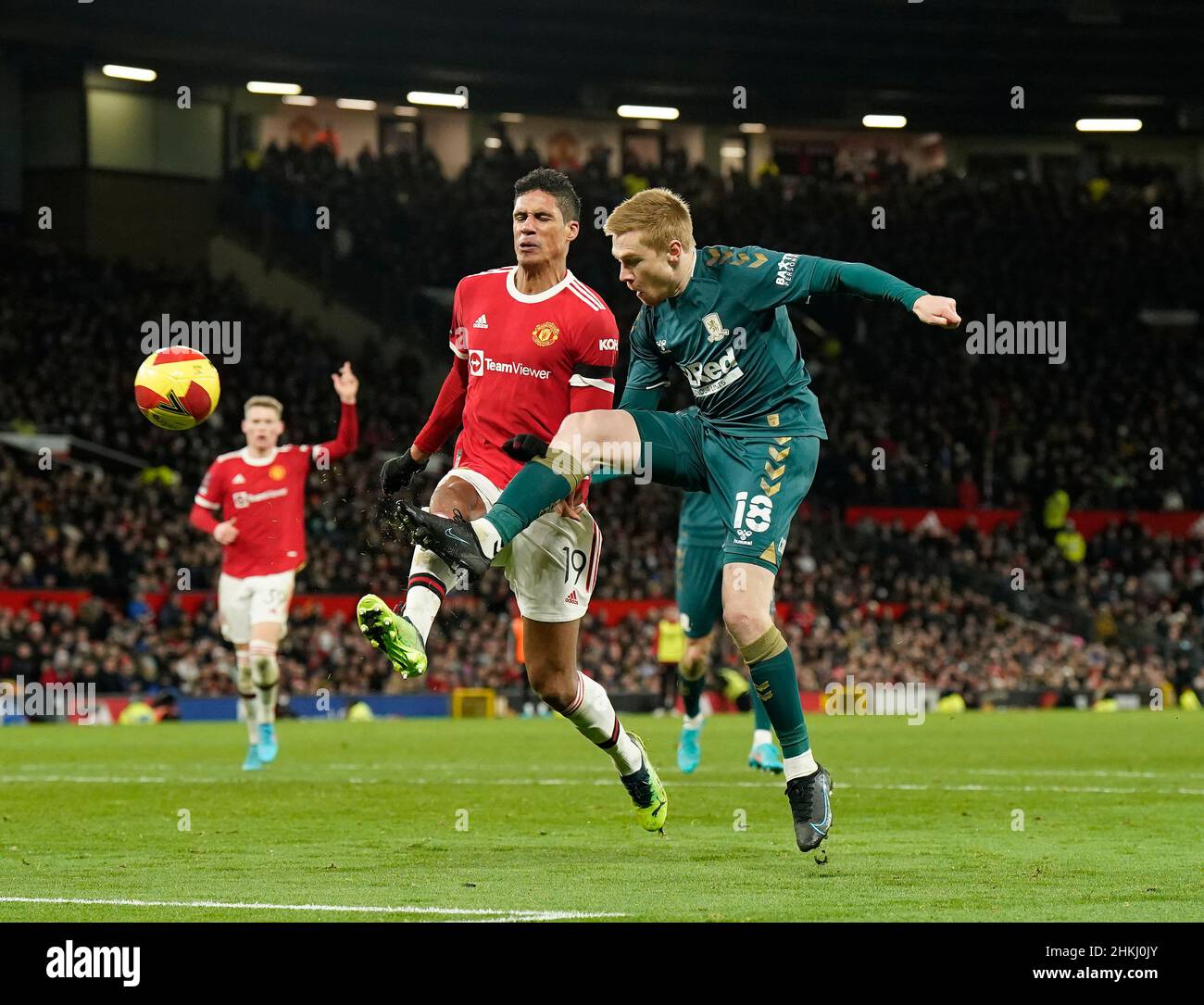 Manchester, UK. 4th February 2022. Duncan Watmore of Middlesbrough appears to handle the ball in the lead up to his side opening goal during the Emirates FA Cup match at Old Trafford, Manchester. Picture credit should read: Andrew Yates / Sportimage Credit: Sportimage/Alamy Live News Stock Photo