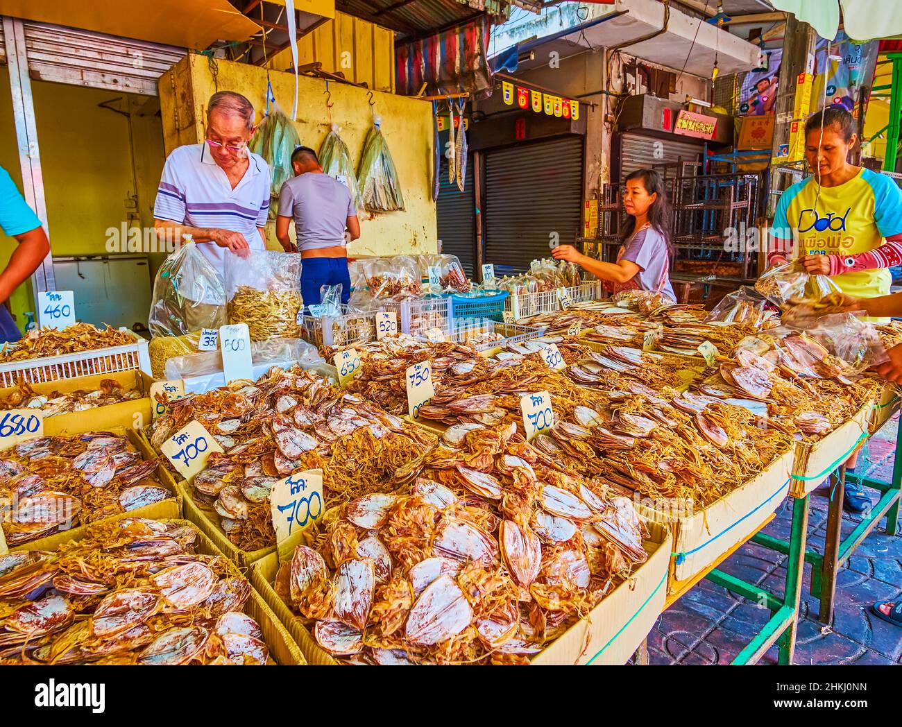 BANGKOK, THAILAND MAY 12, 2019 The heaps of dried fish, squids and