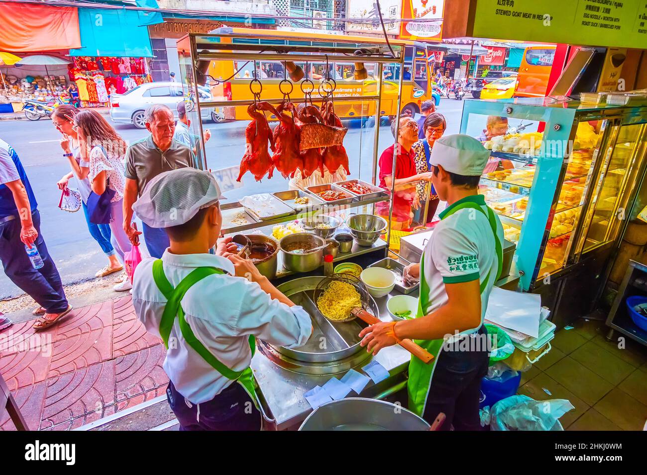 BANGKOK, THAILAND - MAY 12, 2019: The open kitchen of small chinese restaurant in Chinatown, on May 12 in Bangkok Stock Photo