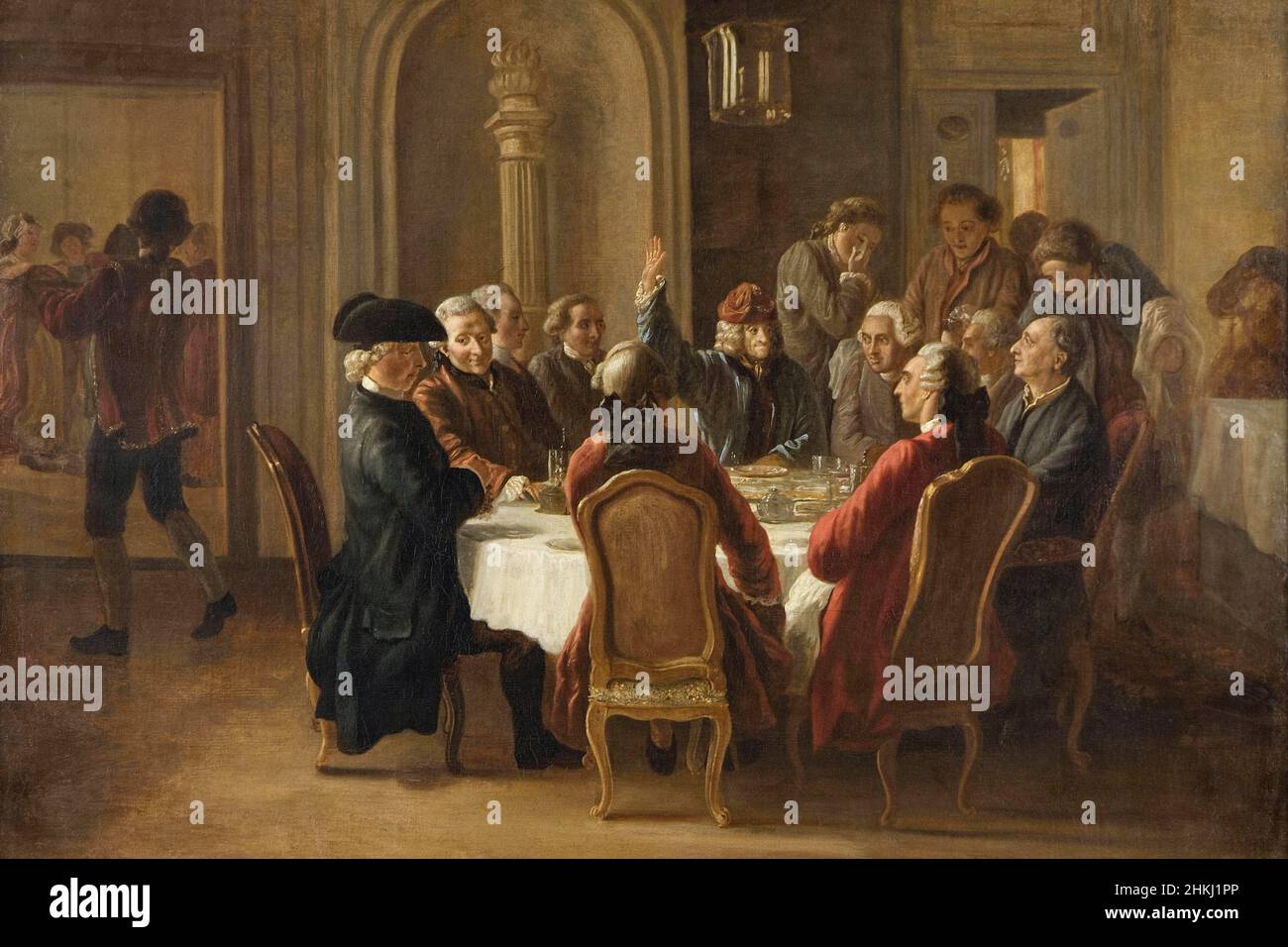 The Dinner of Philosophers by Swiss artist Jean Huber (1721-1786) painted 1772-73 showing  Diderot, Huber-Voltaire,  Marmontel, Voltaire, Alembert, La Harpe, Grimm, Father Adam and Condorcet. Stock Photo
